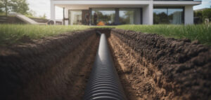 En dräneringsrör installeras runt en villa, med fokus på grävningsarbetet och renheten i designen.