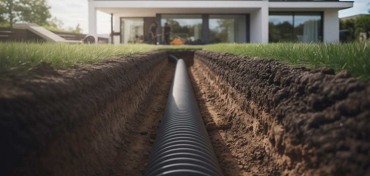 En dräneringsrör installeras runt en villa, med fokus på grävningsarbetet och renheten i designen.