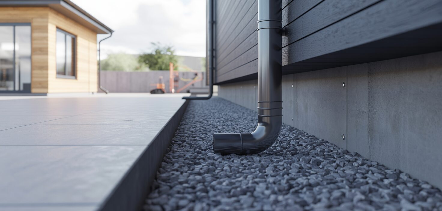 En fotorealistisk bild av en dräneringsrörsinstallation bredvid ett hus i skandinavisk stil, som visar dess funktionalitet och strukturella integritet.