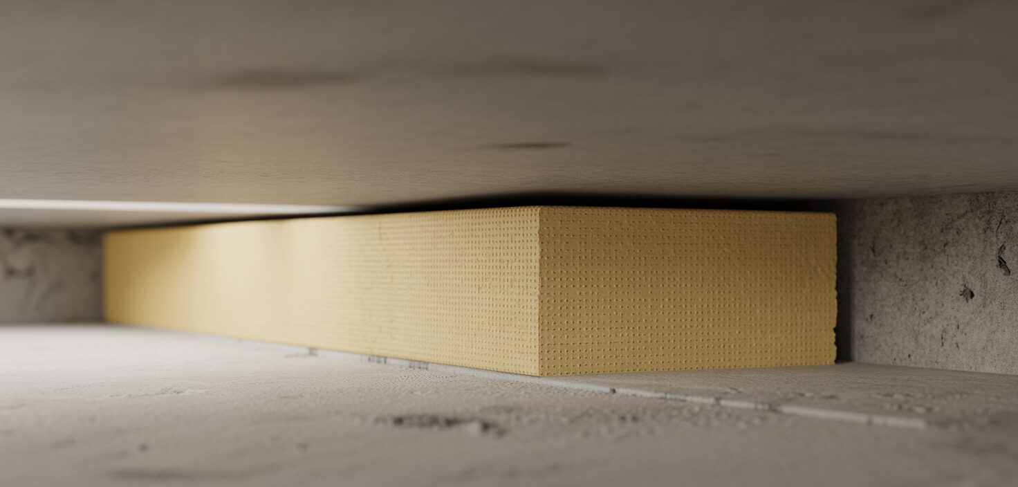 Fotorealistisk bild av Isodrän skiva under betongplatta, visande isolering och kapillärbrytande funktion, med minimal omgivning.
