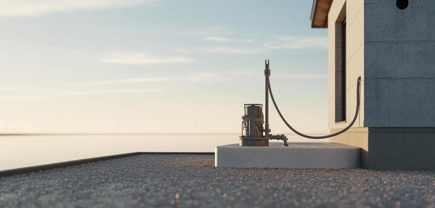 En fotorealistisk bild av en pumpbrunn installerad vid husgrunden, med fokus på de rena linjerna och minimal design.
