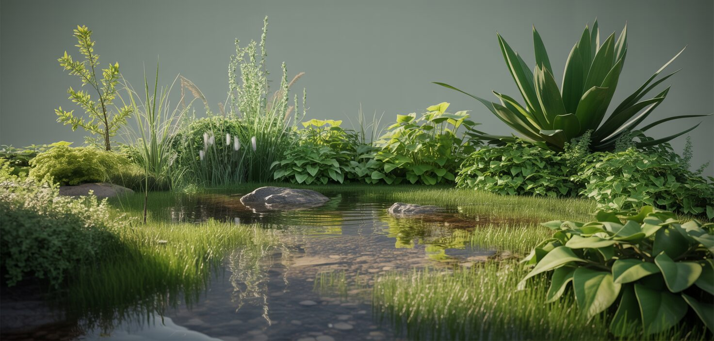 En fotorealistisk bild av en grönskande regnbädd med vatten och växter som hanterar dagvatten.